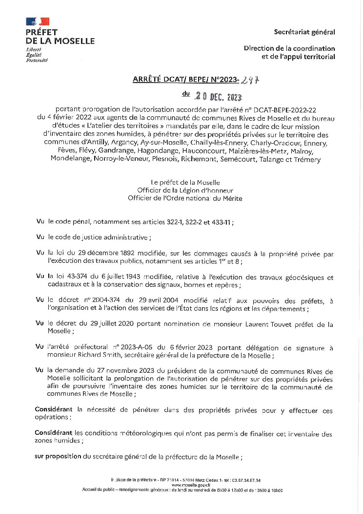 thumbnail of ARRÊTÉ AUTORISANT LES INVENTAIRES DES ZONES HUMIDES