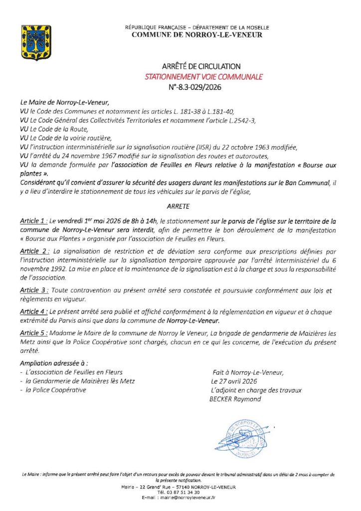 thumbnail of ARRETE 8.3-029/2026 – STATIONNEMENT PARVIS DE L&rsquo;ÉGLISE 01/05/2026