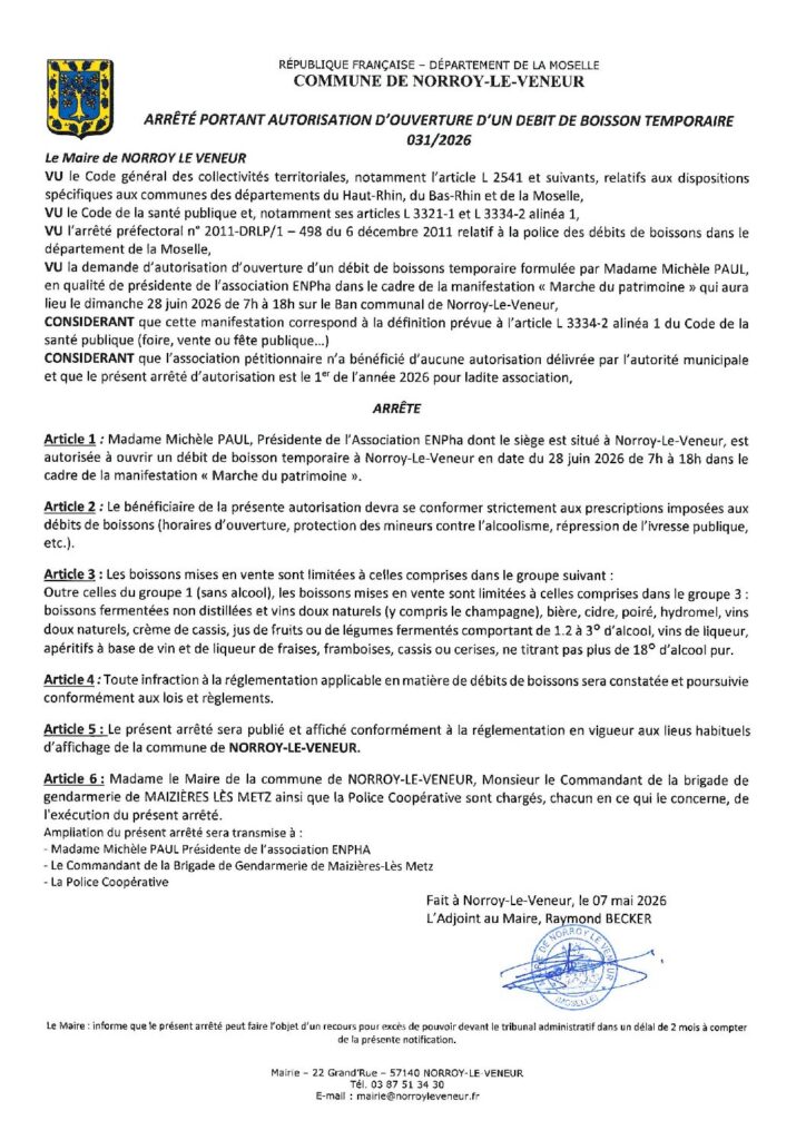 thumbnail of ARRETE N° 031-2026 OUVERTURE DEBIT BOISSON TEMPORAIRE