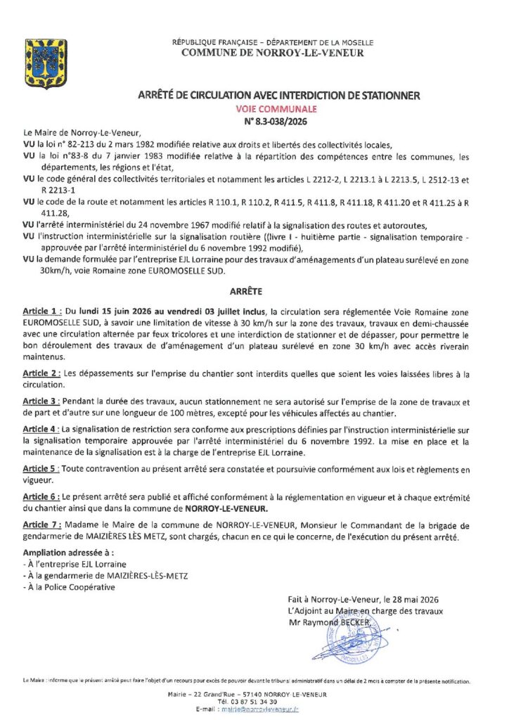 thumbnail of ARRETE 8.3 038 2026 TRAVAUX VOIE ROMAINE EUROMOSELLE
